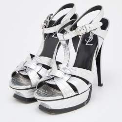 Pre Owned صندل سانت لوران تريبيوت جلد بنقشة السحلية فضي مقاس 36