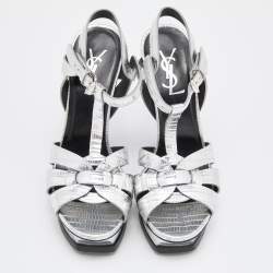 Pre Owned صندل سانت لوران تريبيوت جلد بنقشة السحلية فضي مقاس 36