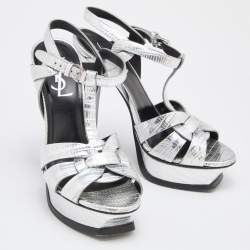 Pre Owned صندل سانت لوران تريبيوت جلد بنقشة السحلية فضي مقاس 36