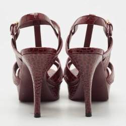 Pre Owned Saint Laurent Burgundy Croc Embossed Leather Tribute Sandals Size 36