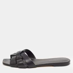 Saint Laurent Black Leather Tribute Flat Slides Size 39