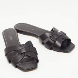 Saint Laurent Black Leather Tribute Flat Slides Size 39