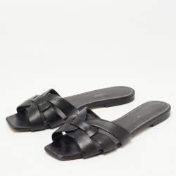 Saint Laurent Black Leather Tribute Flat Slides Size 39