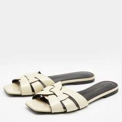 Saint Laurent Cream Patent Leather Tribute Flat Slides Size 39