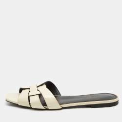 Saint Laurent Cream Patent Leather Tribute Flat Slides Size 39
