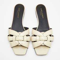 Saint Laurent Cream Patent Leather Tribute Flat Slides Size 39