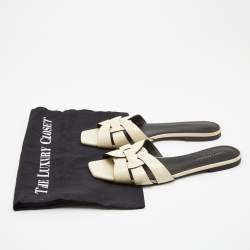 Saint Laurent Cream Patent Leather Tribute Flat Slides Size 39