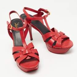 Saint Laurent Red Leather Tribute Platform Ankle Strap Sandals Size 41