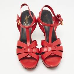 Saint Laurent Red Leather Tribute Platform Ankle Strap Sandals Size 41