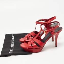 Saint Laurent Red Leather Tribute Platform Ankle Strap Sandals Size 41