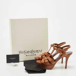 Pre Owned Saint Laurent Paris Brown Leather Tribute Platform Ankle Strap Sandals Size 36.5