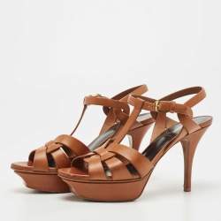 Pre Owned Saint Laurent Paris Brown Leather Tribute Platform Ankle Strap Sandals Size 36.5