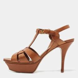 Pre Owned Saint Laurent Paris Brown Leather Tribute Platform Ankle Strap Sandals Size 36.5