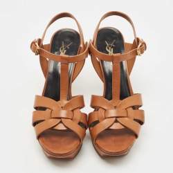 Pre Owned Saint Laurent Paris Brown Leather Tribute Platform Ankle Strap Sandals Size 36.5