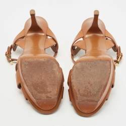 Pre Owned Saint Laurent Paris Brown Leather Tribute Platform Ankle Strap Sandals Size 36.5