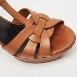 Pre Owned Saint Laurent Paris Brown Leather Tribute Platform Ankle Strap Sandals Size 36.5