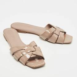 Pre Owned Saint Laurent Beige Patent Leather Tribute Flat Slides Size 39