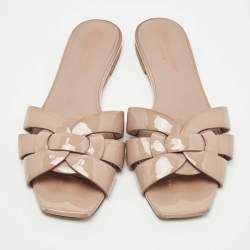 Pre Owned Saint Laurent Beige Patent Leather Tribute Flat Slides Size 39