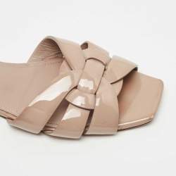 Pre Owned Saint Laurent Beige Patent Leather Tribute Flat Slides Size 39