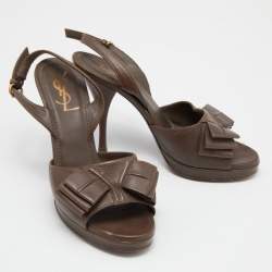 Saint Laurent Brown Leather Y-Bow Platform Sandals Size 37.5