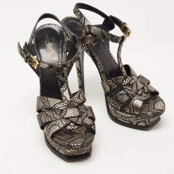 Saint Laurent Black/Gold Textured Leather Tribute Sandals Size 36.5