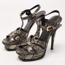 Saint Laurent Black/Gold Textured Leather Tribute Sandals Size 36.5