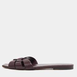 Saint Laurent Burgundy Leather Tribute Flat Slides Size 39.5