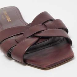 Saint Laurent Burgundy Leather Tribute Flat Slides Size 39.5