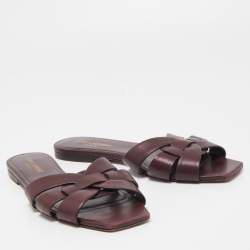 Saint Laurent Burgundy Leather Tribute Flat Slides Size 39.5