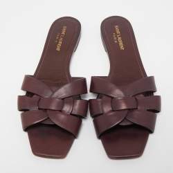 Saint Laurent Burgundy Leather Tribute Flat Slides Size 39.5