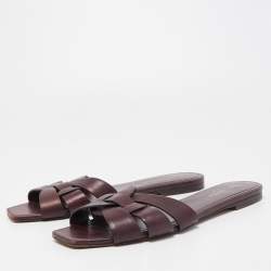 Saint Laurent Burgundy Leather Tribute Flat Slides Size 39.5
