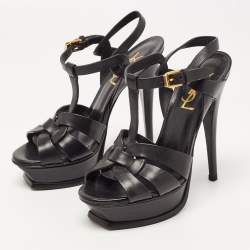 Pre Owned Saint Laurent Black Leather Tribute Sandals Size 35