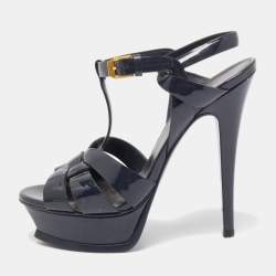 Saint Laurent Navy Blue Patent Leather Tribute Sandals Size 35