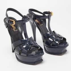 Saint Laurent Navy Blue Patent Leather Tribute Sandals Size 35