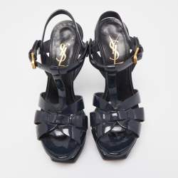 Saint Laurent Navy Blue Patent Leather Tribute Sandals Size 35