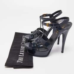 Saint Laurent Navy Blue Patent Leather Tribute Sandals Size 35