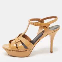 Pre Owned Saint Laurent Beige Patent Leather Tribute Sandals Size 38