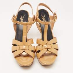 Pre Owned Saint Laurent Beige Patent Leather Tribute Sandals Size 38