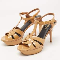 Pre Owned Saint Laurent Beige Patent Leather Tribute Sandals Size 38