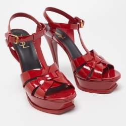 Pre Owned Saint Laurent Red Patent Leather Tribute Platform Ankle Strap Sandals Size 39