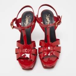 Pre Owned Saint Laurent Red Patent Leather Tribute Platform Ankle Strap Sandals Size 39