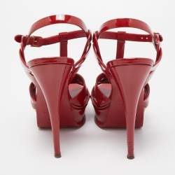 Pre Owned Saint Laurent Red Patent Leather Tribute Platform Ankle Strap Sandals Size 39