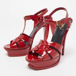 Pre Owned Saint Laurent Red Patent Leather Tribute Platform Ankle Strap Sandals Size 39