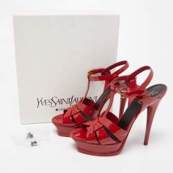 Pre Owned Saint Laurent Red Patent Leather Tribute Platform Ankle Strap Sandals Size 39