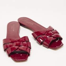 Pre Owned Saint Laurent Burgundy Patent Leather Tribute Flat Slides Size 40