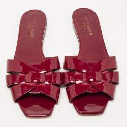 Pre Owned Saint Laurent Burgundy Patent Leather Tribute Flat Slides Size 40
