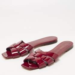 Pre Owned Saint Laurent Burgundy Patent Leather Tribute Flat Slides Size 40