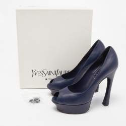 Pre Owned Saint Laurent Navy Blue Leather Peep Toe Pumps Size 38
