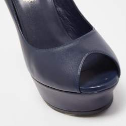 Pre Owned Saint Laurent Navy Blue Leather Peep Toe Pumps Size 38