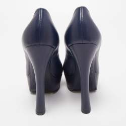 Pre Owned Saint Laurent Navy Blue Leather Peep Toe Pumps Size 38